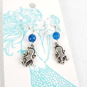 6/$20 Caribbean Blue Czech Glass Octopus Earrings